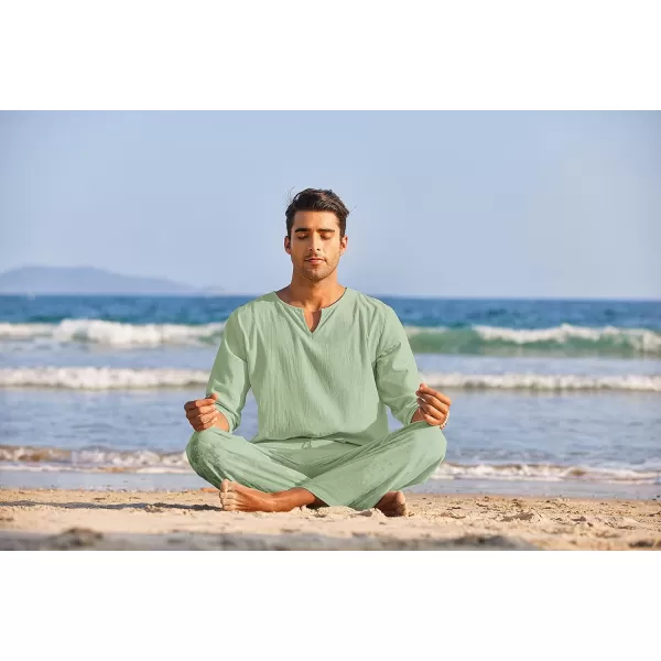 COOFANDY Men's 2 Pieces Cotton Linen Set Henley Shirt Long Sleeve and Casual Beach Pants Summer Yoga Outfits