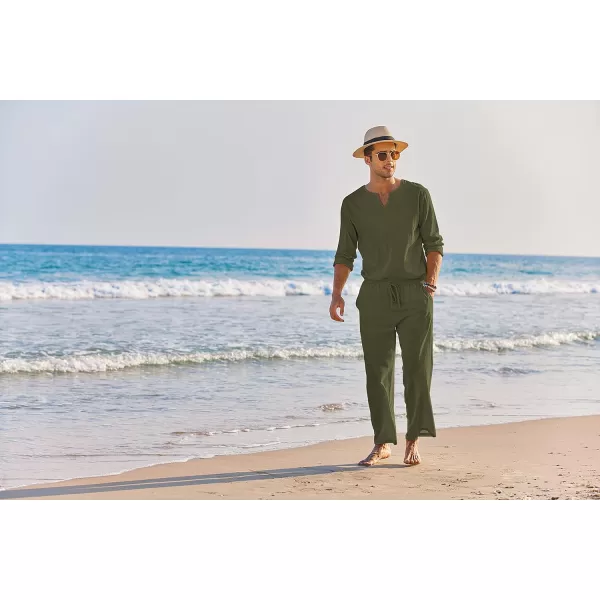 COOFANDY Men's 2 Pieces Cotton Linen Set Henley Shirt Long Sleeve and Casual Beach Pants Summer Yoga Outfits