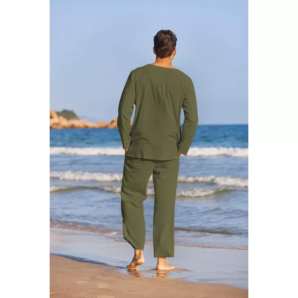 COOFANDY Men's 2 Pieces Cotton Linen Set Henley Shirt Long Sleeve and Casual Beach Pants Summer Yoga Outfits