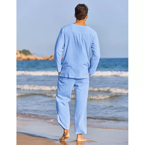 COOFANDY Men's 2 Pieces Cotton Linen Set Henley Shirt Long Sleeve and Casual Beach Pants Summer Yoga Outfits