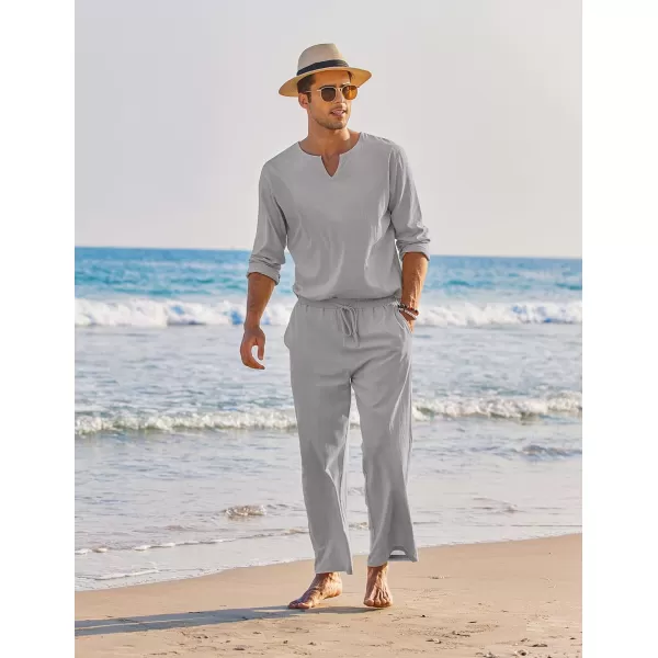 COOFANDY Men's 2 Pieces Cotton Linen Set Henley Shirt Long Sleeve and Casual Beach Pants Summer Yoga Outfits