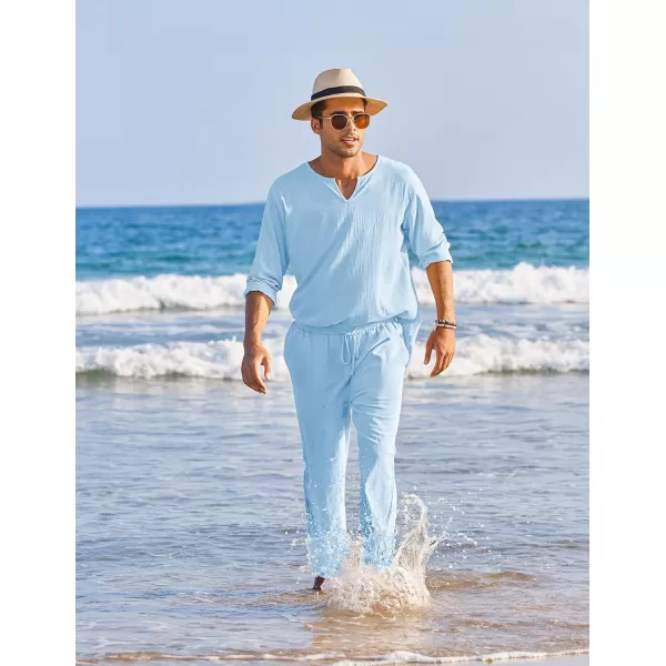COOFANDY Men's 2 Pieces Cotton Linen Set Henley Shirt Long Sleeve and Casual Beach Pants Summer Yoga Outfits