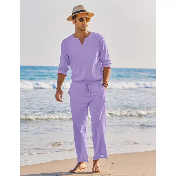 COOFANDY Men's 2 Pieces Cotton Linen Set Henley Shirt Long Sleeve and Casual Beach Pants Summer Yoga Outfits