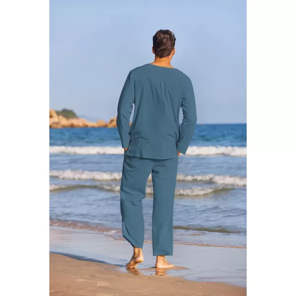 COOFANDY Men's 2 Pieces Cotton Linen Set Henley Shirt Long Sleeve and Casual Beach Pants Summer Yoga Outfits