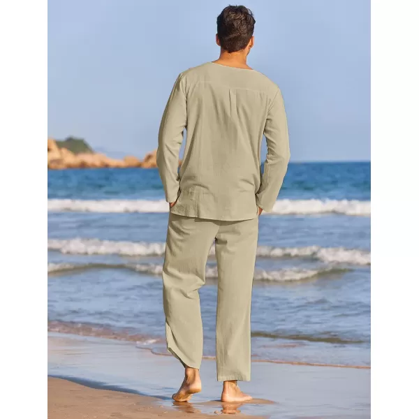 COOFANDY Men's 2 Pieces Cotton Linen Set Henley Shirt Long Sleeve and Casual Beach Pants Summer Yoga Outfits