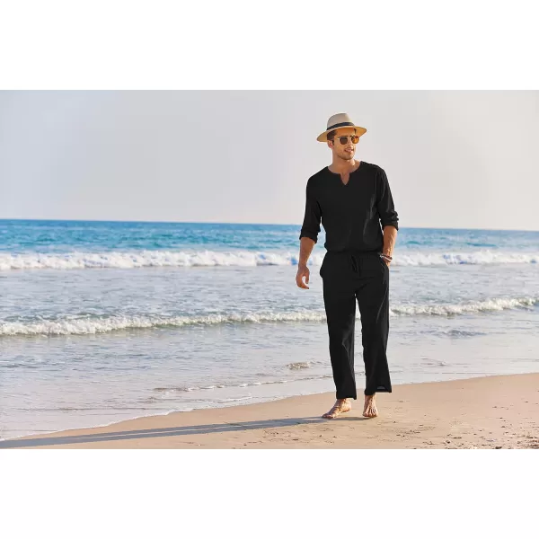 COOFANDY Men's 2 Pieces Cotton Linen Set Henley Shirt Long Sleeve and Casual Beach Pants Summer Yoga Outfits