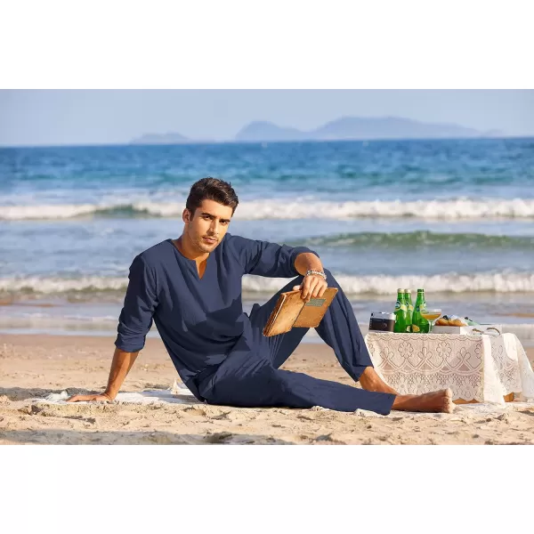 COOFANDY Men's 2 Pieces Cotton Linen Set Henley Shirt Long Sleeve and Casual Beach Pants Summer Yoga Outfits