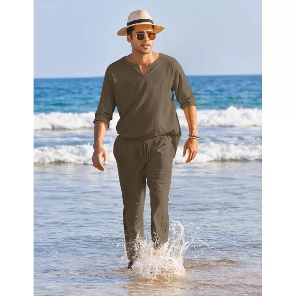 COOFANDY Men's 2 Pieces Cotton Linen Set Henley Shirt Long Sleeve and Casual Beach Pants Summer Yoga Outfits