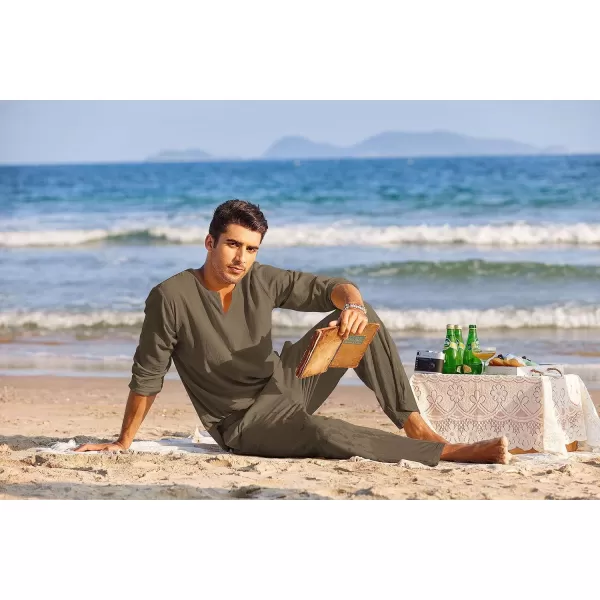 COOFANDY Men's 2 Pieces Cotton Linen Set Henley Shirt Long Sleeve and Casual Beach Pants Summer Yoga Outfits