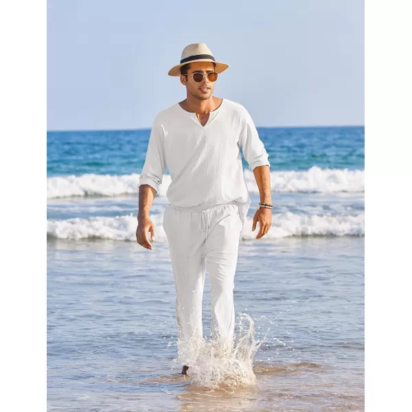 COOFANDY Men's 2 Pieces Cotton Linen Set Henley Shirt Long Sleeve and Casual Beach Pants Summer Yoga Outfits