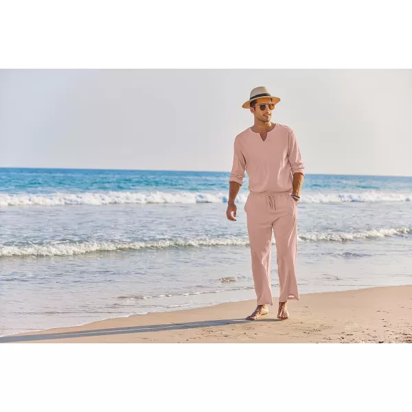 COOFANDY Men's 2 Pieces Cotton Linen Set Henley Shirt Long Sleeve and Casual Beach Pants Summer Yoga Outfits