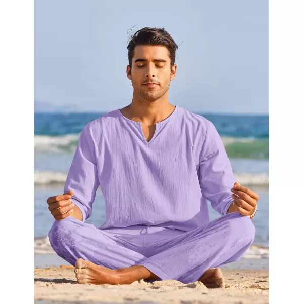 COOFANDY Men's 2 Pieces Cotton Linen Set Henley Shirt Long Sleeve and Casual Beach Pants Summer Yoga Outfits