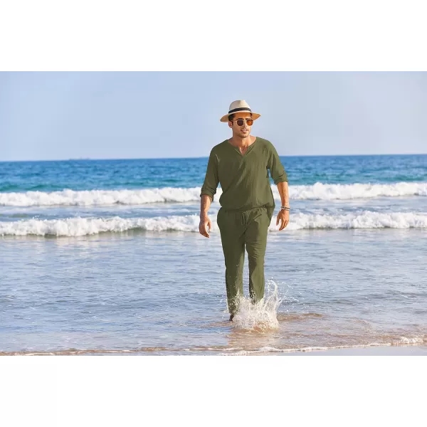 COOFANDY Men's 2 Pieces Cotton Linen Set Henley Shirt Long Sleeve and Casual Beach Pants Summer Yoga Outfits