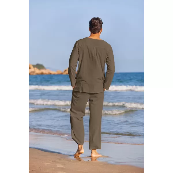 COOFANDY Men's 2 Pieces Cotton Linen Set Henley Shirt Long Sleeve and Casual Beach Pants Summer Yoga Outfits