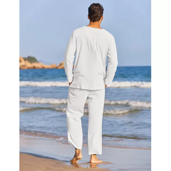 COOFANDY Men's 2 Pieces Cotton Linen Set Henley Shirt Long Sleeve and Casual Beach Pants Summer Yoga Outfits