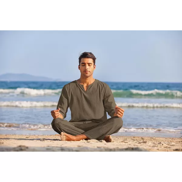 COOFANDY Men's 2 Pieces Cotton Linen Set Henley Shirt Long Sleeve and Casual Beach Pants Summer Yoga Outfits