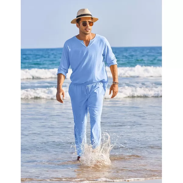 COOFANDY Men's 2 Pieces Cotton Linen Set Henley Shirt Long Sleeve and Casual Beach Pants Summer Yoga Outfits