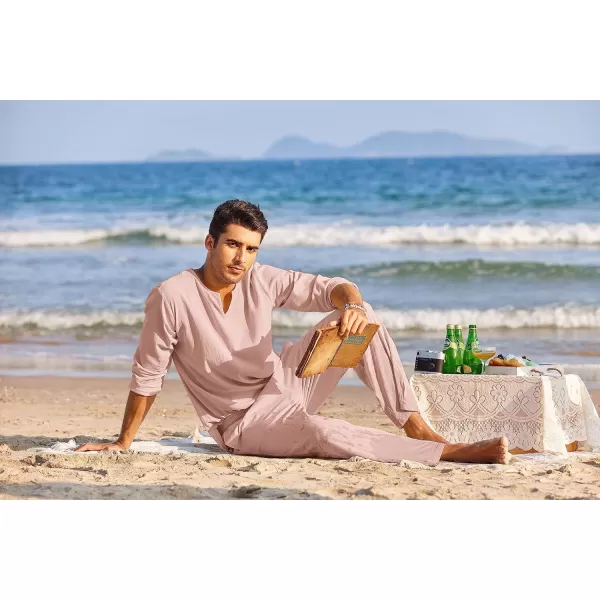 COOFANDY Men's 2 Pieces Cotton Linen Set Henley Shirt Long Sleeve and Casual Beach Pants Summer Yoga Outfits