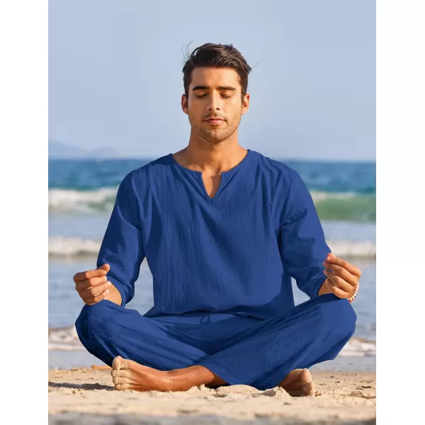 COOFANDY Men's 2 Pieces Cotton Linen Set Henley Shirt Long Sleeve and Casual Beach Pants Summer Yoga Outfits