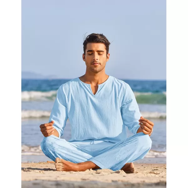 COOFANDY Men's 2 Pieces Cotton Linen Set Henley Shirt Long Sleeve and Casual Beach Pants Summer Yoga Outfits