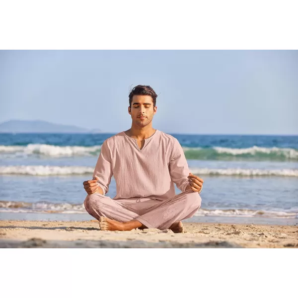 COOFANDY Men's 2 Pieces Cotton Linen Set Henley Shirt Long Sleeve and Casual Beach Pants Summer Yoga Outfits