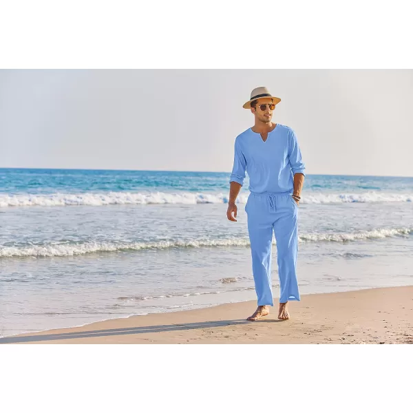 COOFANDY Men's 2 Pieces Cotton Linen Set Henley Shirt Long Sleeve and Casual Beach Pants Summer Yoga Outfits