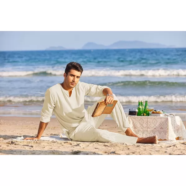 COOFANDY Men's 2 Pieces Cotton Linen Set Henley Shirt Long Sleeve and Casual Beach Pants Summer Yoga Outfits