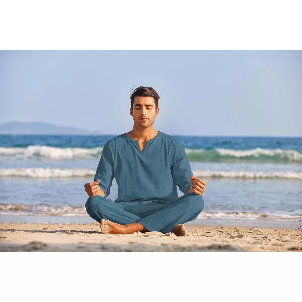 COOFANDY Men's 2 Pieces Cotton Linen Set Henley Shirt Long Sleeve and Casual Beach Pants Summer Yoga Outfits
