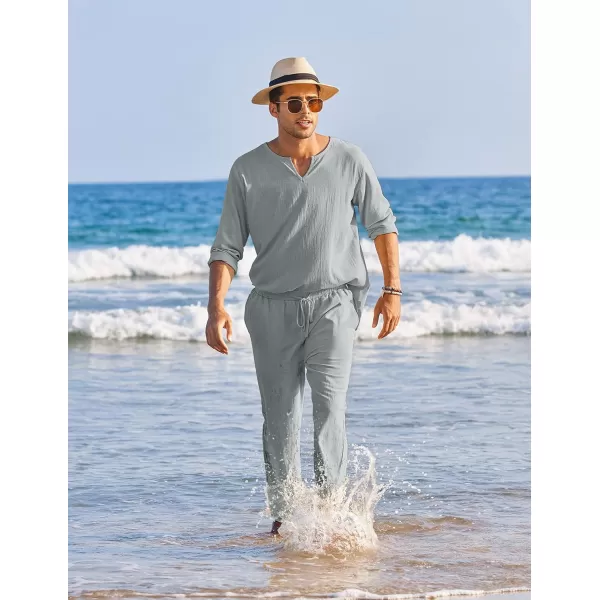 COOFANDY Men's 2 Pieces Cotton Linen Set Henley Shirt Long Sleeve and Casual Beach Pants Summer Yoga Outfits