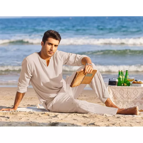 COOFANDY Men's 2 Pieces Cotton Linen Set Henley Shirt Long Sleeve and Casual Beach Pants Summer Yoga Outfits