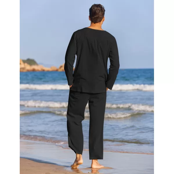 COOFANDY Men's 2 Pieces Cotton Linen Set Henley Shirt Long Sleeve and Casual Beach Pants Summer Yoga Outfits