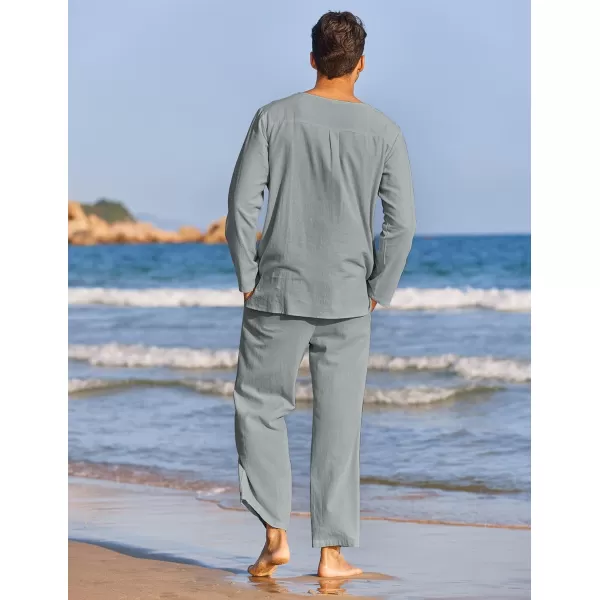 COOFANDY Men's 2 Pieces Cotton Linen Set Henley Shirt Long Sleeve and Casual Beach Pants Summer Yoga Outfits