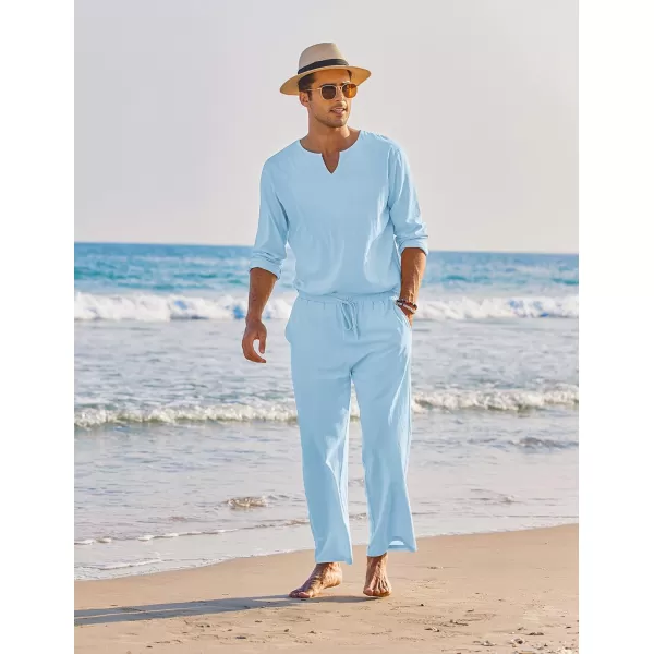 COOFANDY Men's 2 Pieces Cotton Linen Set Henley Shirt Long Sleeve and Casual Beach Pants Summer Yoga Outfits