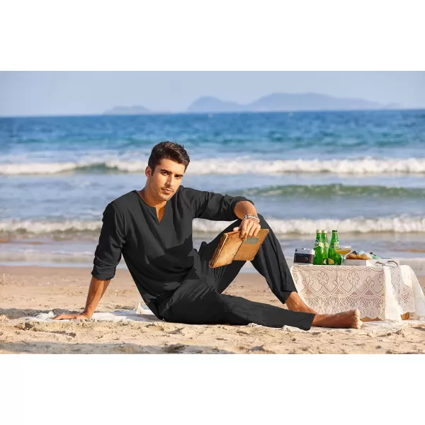 COOFANDY Men's 2 Pieces Cotton Linen Set Henley Shirt Long Sleeve and Casual Beach Pants Summer Yoga Outfits
