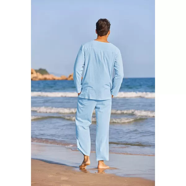 COOFANDY Men's 2 Pieces Cotton Linen Set Henley Shirt Long Sleeve and Casual Beach Pants Summer Yoga Outfits