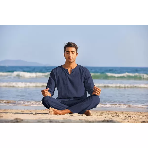 COOFANDY Men's 2 Pieces Cotton Linen Set Henley Shirt Long Sleeve and Casual Beach Pants Summer Yoga Outfits