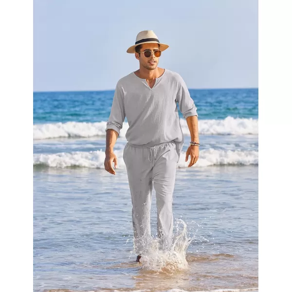 COOFANDY Men's 2 Pieces Cotton Linen Set Henley Shirt Long Sleeve and Casual Beach Pants Summer Yoga Outfits