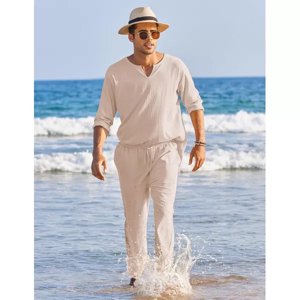 COOFANDY Men's 2 Pieces Cotton Linen Set Henley Shirt Long Sleeve and Casual Beach Pants Summer Yoga Outfits