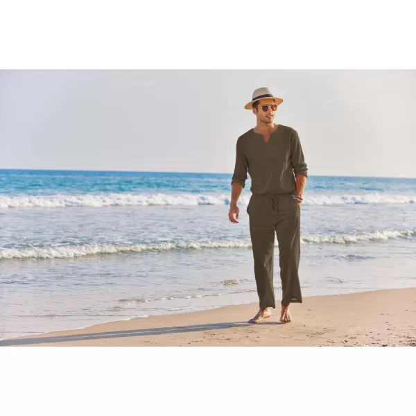 COOFANDY Men's 2 Pieces Cotton Linen Set Henley Shirt Long Sleeve and Casual Beach Pants Summer Yoga Outfits