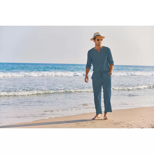 COOFANDY Men's 2 Pieces Cotton Linen Set Henley Shirt Long Sleeve and Casual Beach Pants Summer Yoga Outfits