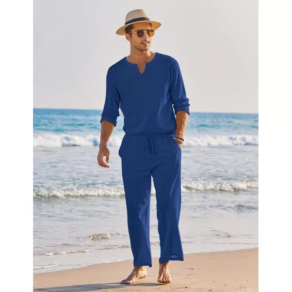 COOFANDY Men's 2 Pieces Cotton Linen Set Henley Shirt Long Sleeve and Casual Beach Pants Summer Yoga Outfits