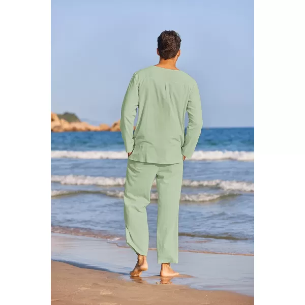 COOFANDY Men's 2 Pieces Cotton Linen Set Henley Shirt Long Sleeve and Casual Beach Pants Summer Yoga Outfits