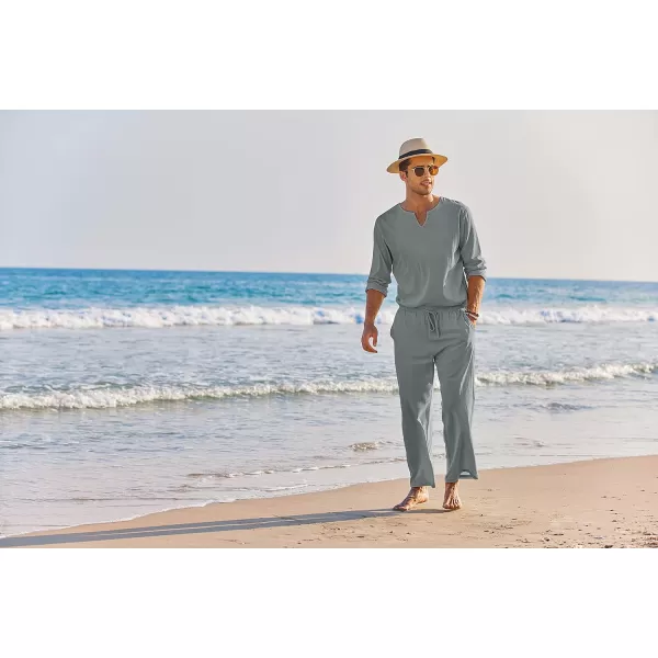 COOFANDY Men's 2 Pieces Cotton Linen Set Henley Shirt Long Sleeve and Casual Beach Pants Summer Yoga Outfits