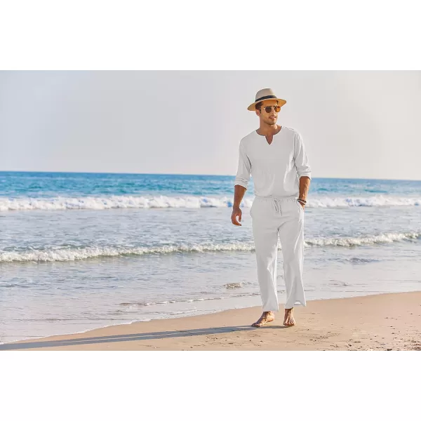 COOFANDY Men's 2 Pieces Cotton Linen Set Henley Shirt Long Sleeve and Casual Beach Pants Summer Yoga Outfits
