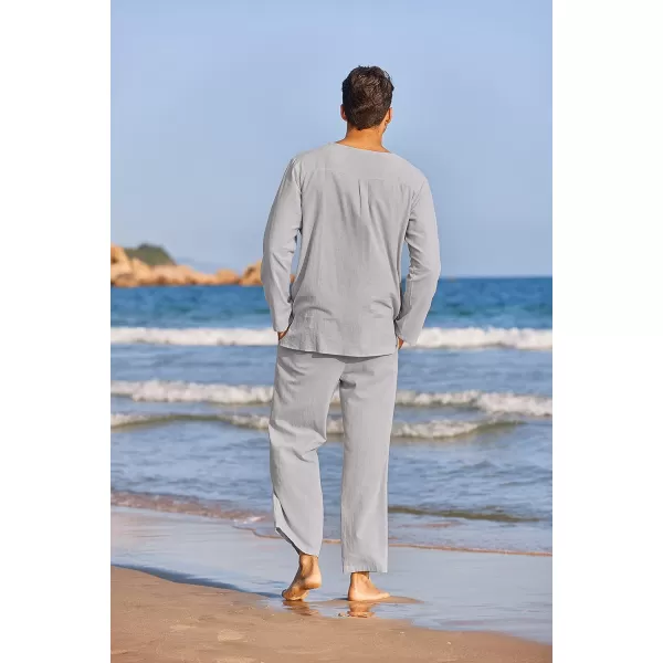 COOFANDY Men's 2 Pieces Cotton Linen Set Henley Shirt Long Sleeve and Casual Beach Pants Summer Yoga Outfits