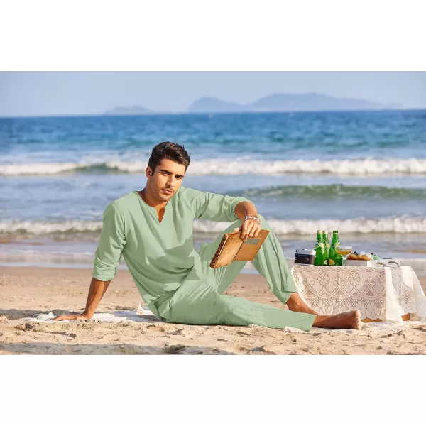 COOFANDY Men's 2 Pieces Cotton Linen Set Henley Shirt Long Sleeve and Casual Beach Pants Summer Yoga Outfits