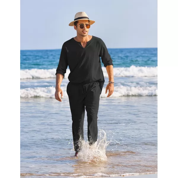 COOFANDY Men's 2 Pieces Cotton Linen Set Henley Shirt Long Sleeve and Casual Beach Pants Summer Yoga Outfits