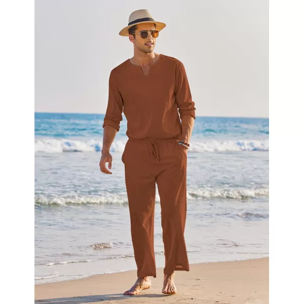 COOFANDY Men's 2 Pieces Cotton Linen Set Henley Shirt Long Sleeve and Casual Beach Pants Summer Yoga Outfits
