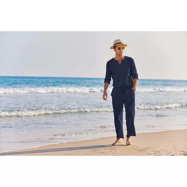 COOFANDY Men's 2 Pieces Cotton Linen Set Henley Shirt Long Sleeve and Casual Beach Pants Summer Yoga Outfits