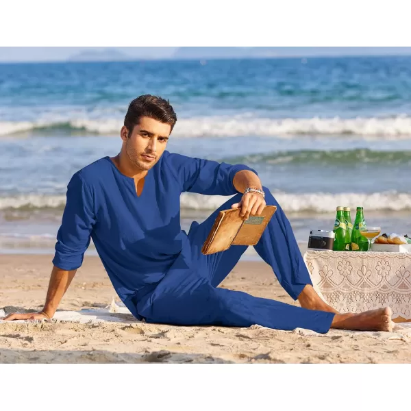 COOFANDY Men's 2 Pieces Cotton Linen Set Henley Shirt Long Sleeve and Casual Beach Pants Summer Yoga Outfits